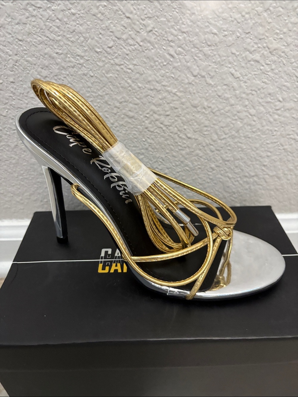 Gold and Silver Strappy High Heel Sandals